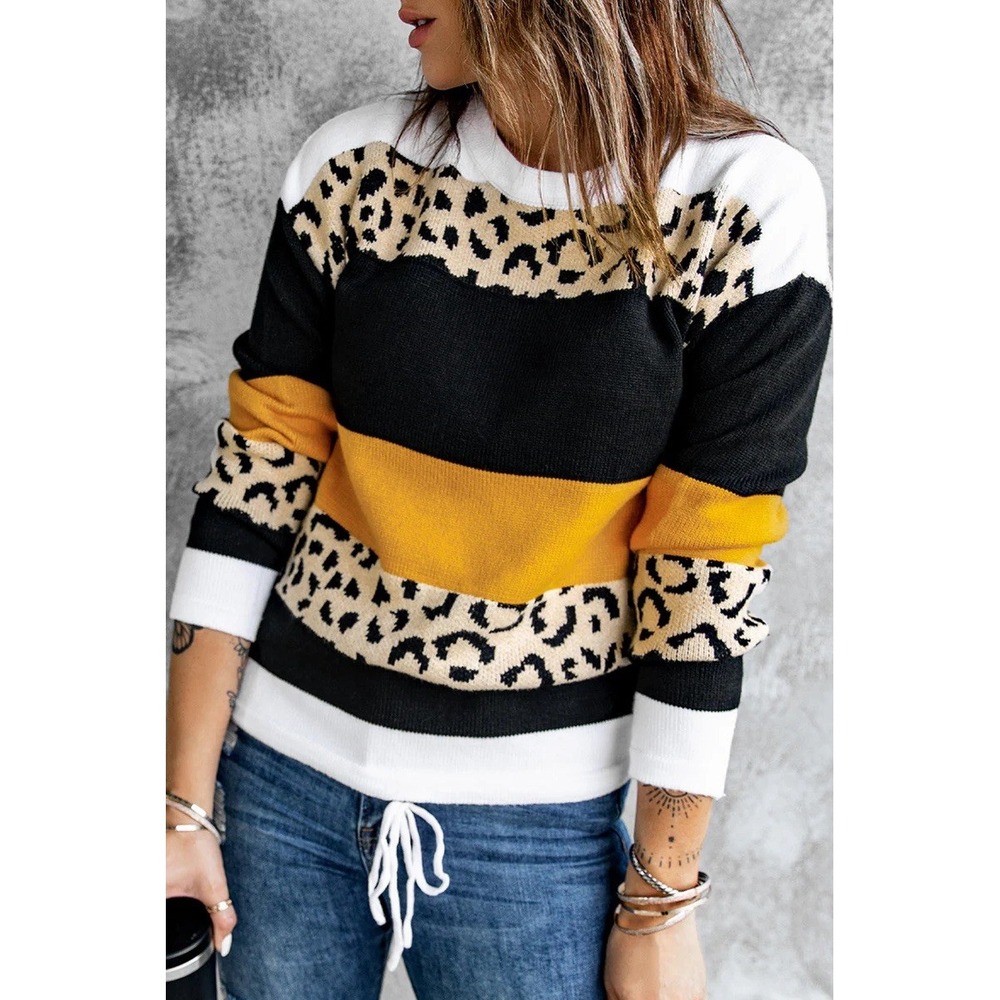 Womens Leopard Print Color Block Sweater White Black Yellow Crew Neck‎ Pullover